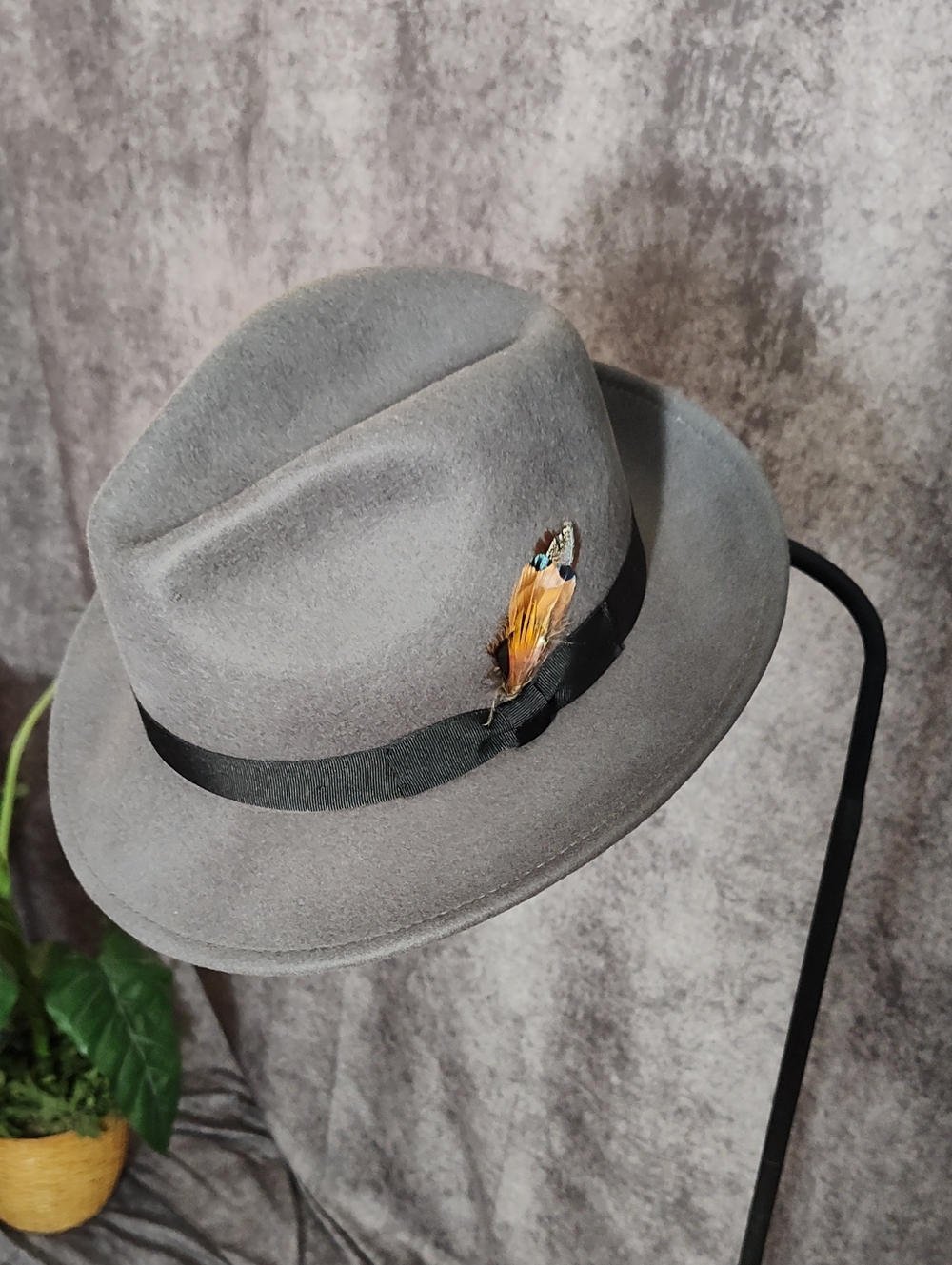 Classic Grey Felt Fedora Hat with Feather Trim